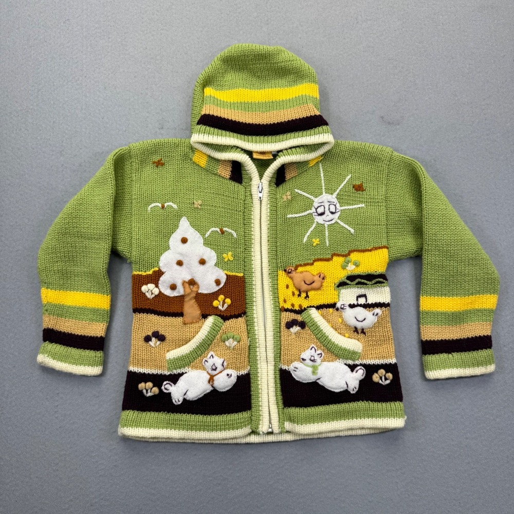 Sunyork Kids Green Scenic Hand Knit Cotton Hooded Zip Cardigan Sweater Size 6